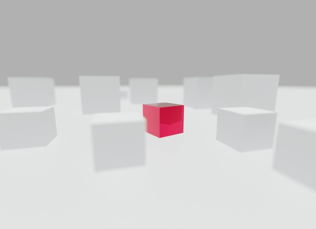 a red cube is surrounded by white cubes